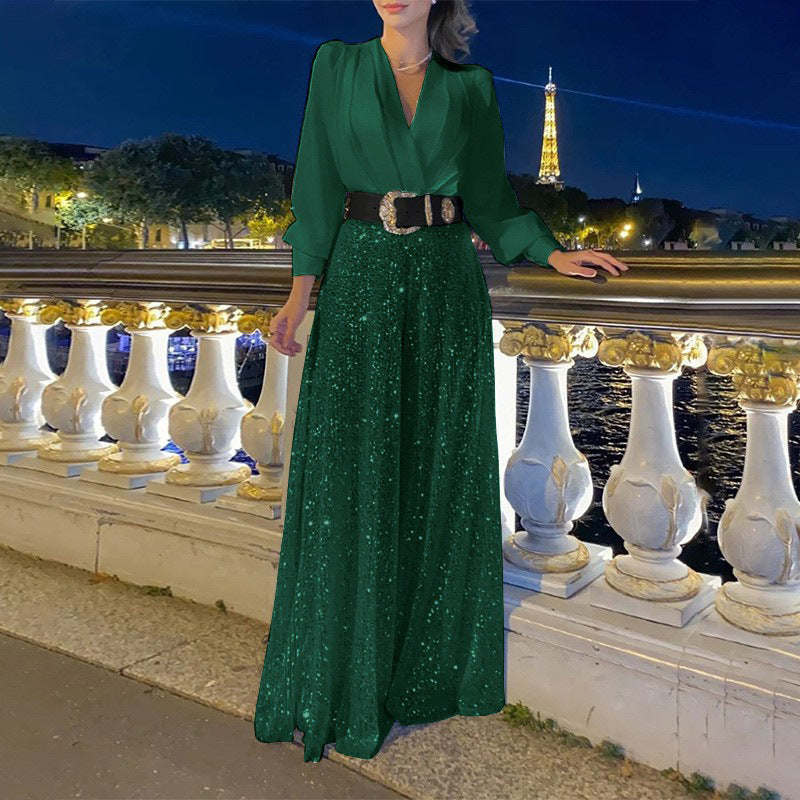 Bő jumpsuit hosszú ujjú, garbós inggel kombinálva