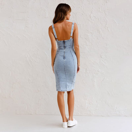 Állítható U pántos Drock osztott farmer Bodycon Cami ruha