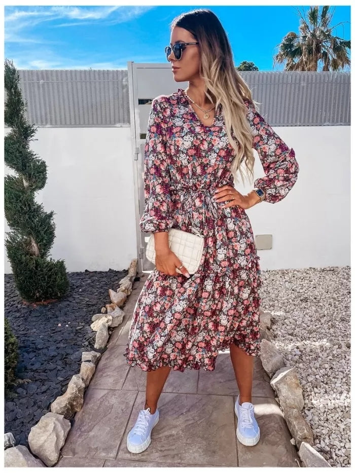 Boho virágmintás alkalmi tengerparti alkalmi hosszú ujjú ruha